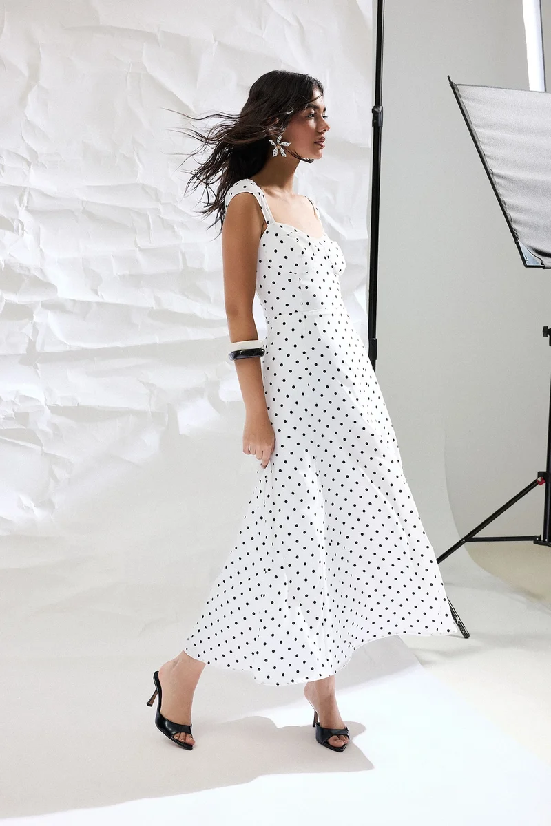 Heart Neck Polka Dot Crepe Strappy Midi Dress