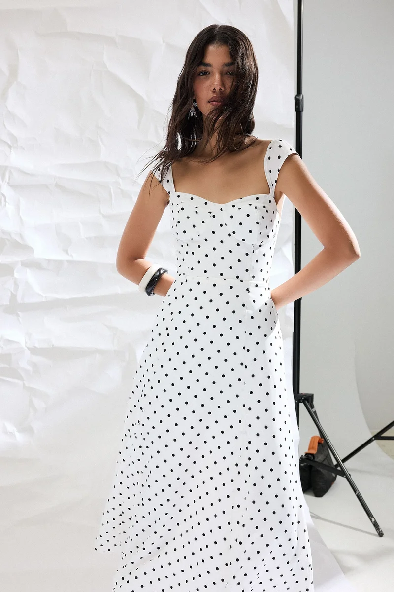 Defacto  Heart Neck Polka Dot Crepe Strappy Midi Dress for Women | Best Price UAE