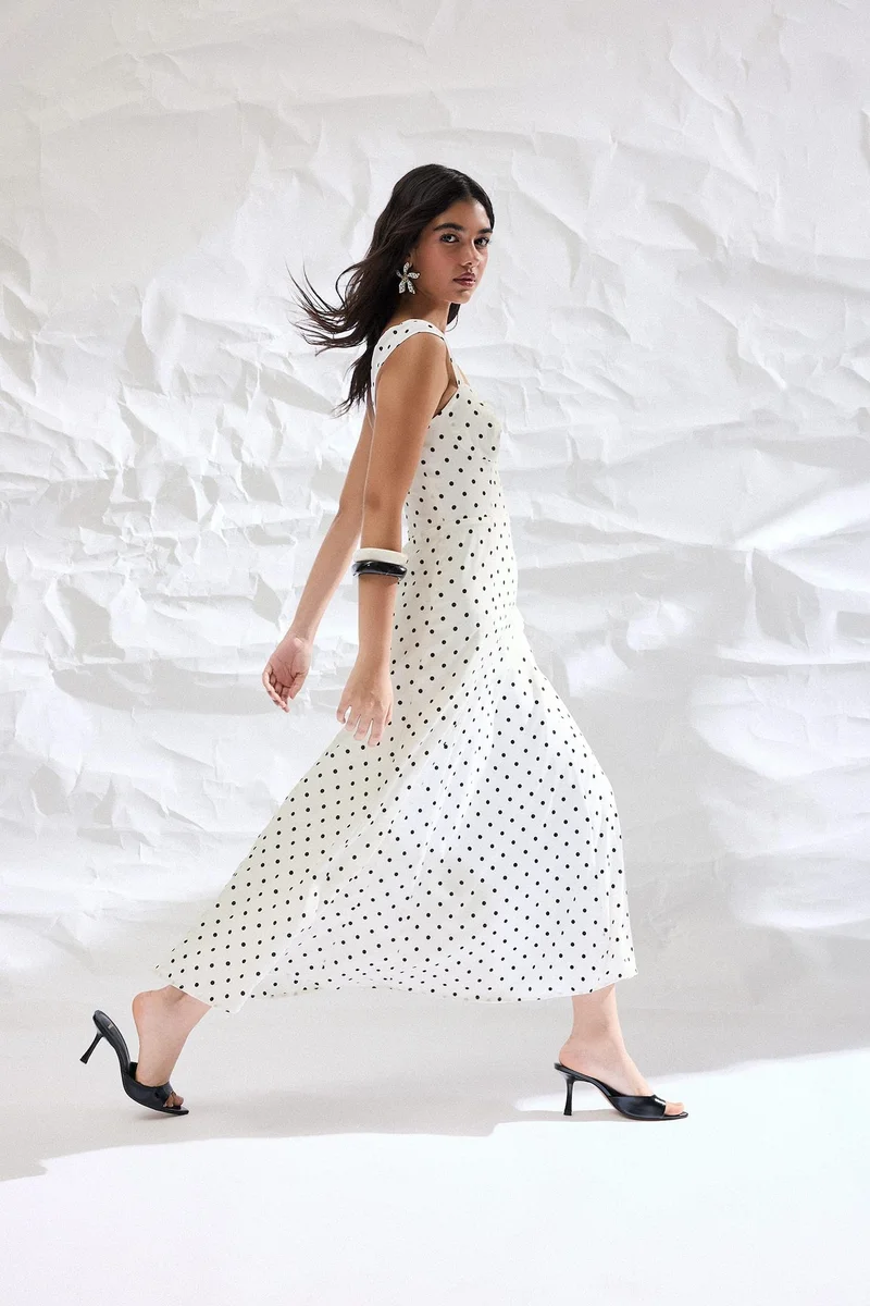 Defacto  Heart Neck Polka Dot Crepe Strappy Midi Dress for Women | Best Price UAE