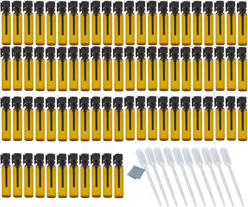 ELFENSTALL Portable 100pcs 1ml (1/4 Dram) Amber Mini Glass Bottle 1cc Vial Small Essential Oil Perfume DIY Liquid Sample Bottle For Travel Makeup Party Friend Sample free 10pcs 0.5ml Dropper Pipette - Image 1