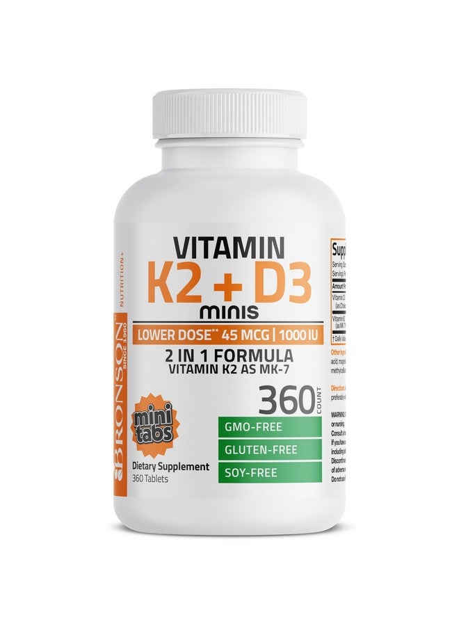 برونسون فيتامين ك2 (MK7) مع فيتامين د3 بجرعة أقل 45 ميكروغرام من فيتامين ك2 و1000 وحدة دولية من فيتامين د3، سهل البلع، تركيبة 2 في 1، غير معدلة وراثيًا، 360 قرصًا صغيرًا - Image 1