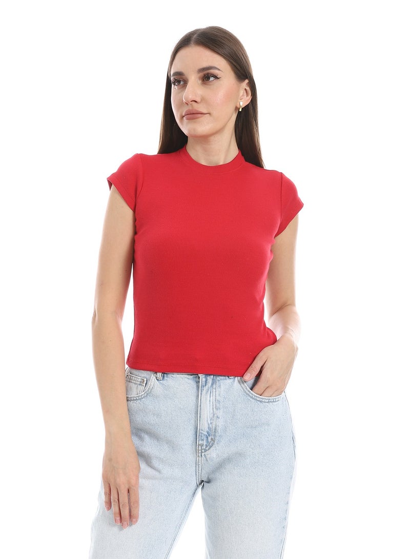 Andora Cap Sleeves Crew Neck Red Top_Red  - Image 1