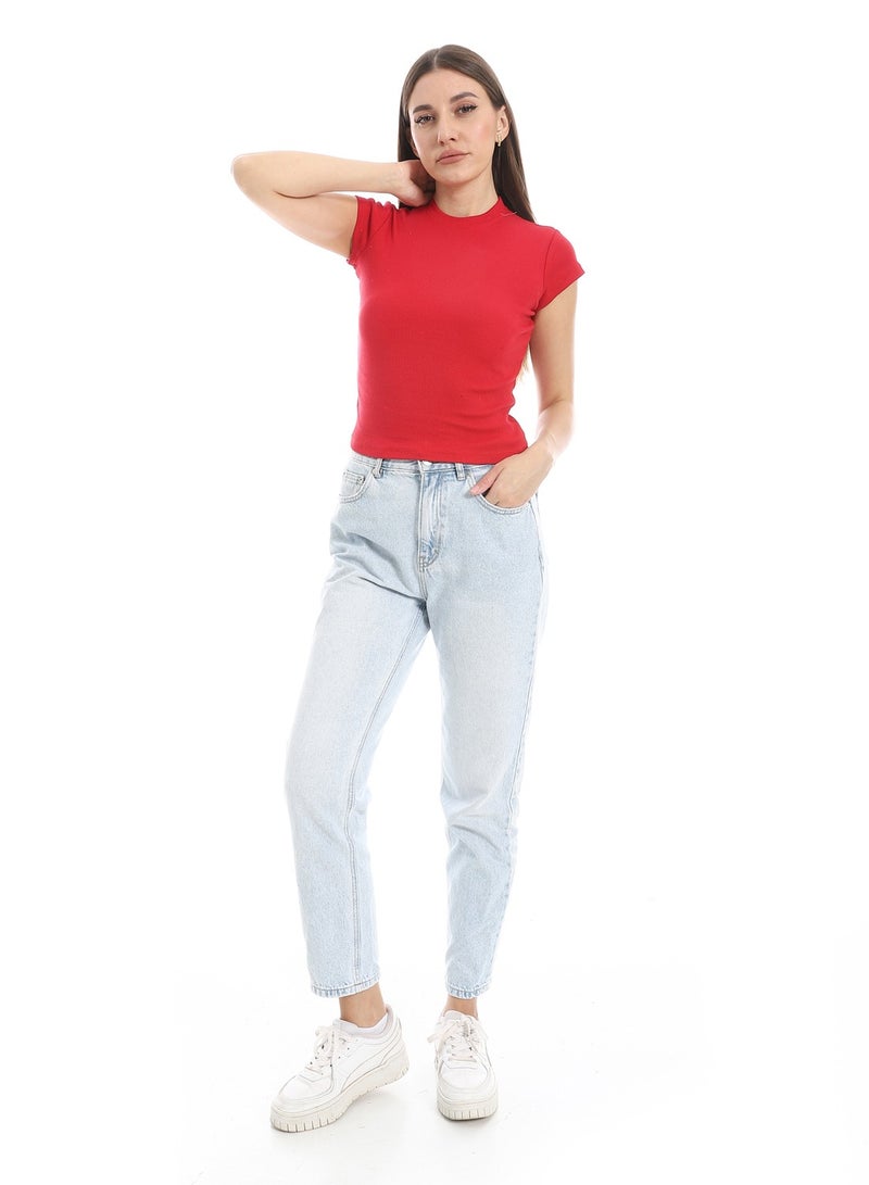 Andora Cap Sleeves Crew Neck Red Top_Red  - Image 5