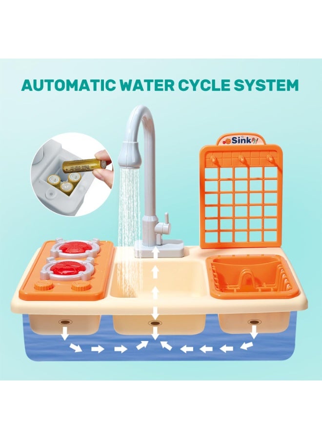 CUTE STONE Pretend Play Kitchen Sink Toys with Play Cooking Stove, Pot and Pan with Spray Realistic Light and Sound, Dish Rack & Play Cutting Food, Utensils Tableware Accessories for Kids Toddlers - Image 4