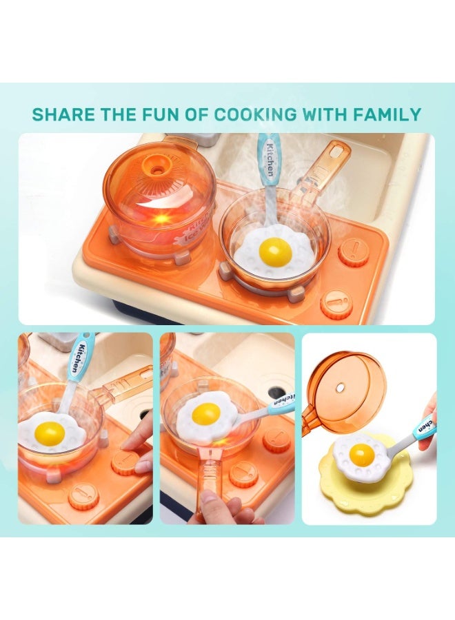 CUTE STONE Pretend Play Kitchen Sink Toys with Play Cooking Stove, Pot and Pan with Spray Realistic Light and Sound, Dish Rack & Play Cutting Food, Utensils Tableware Accessories for Kids Toddlers - Image 3