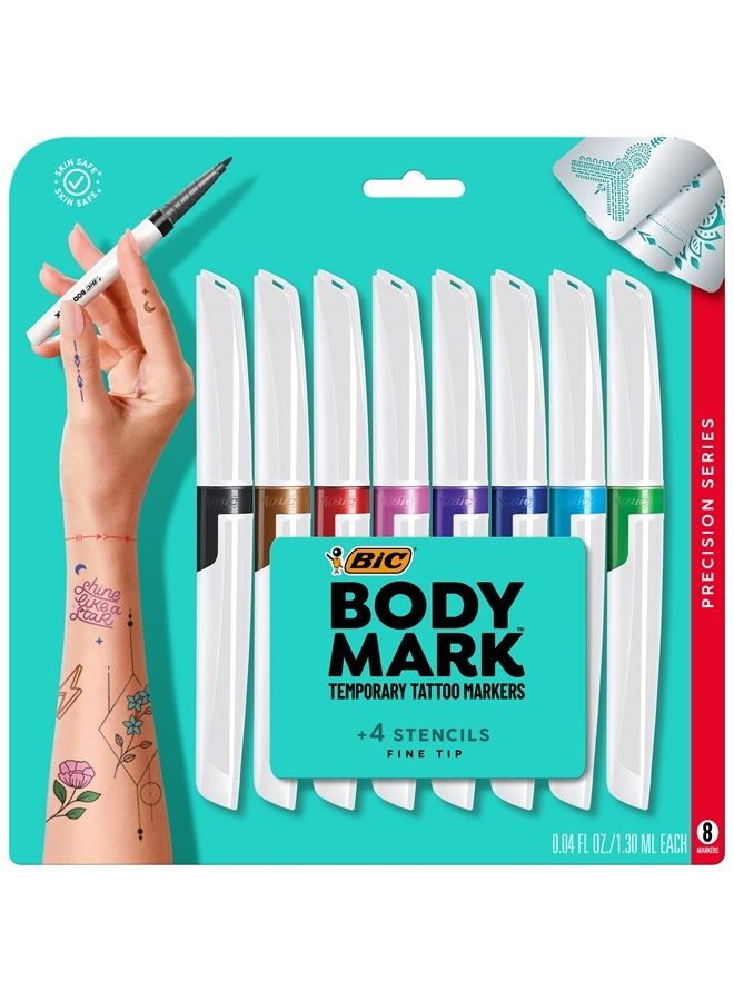 Bic BodyMark Temporary Tattoo Markers for Skin, Precision Series, Fine Tip, 8-Count Pack of Assorted Colors, Skin-Safe*, Cosmetic Quality (MTBFP81-AST) - Image 1
