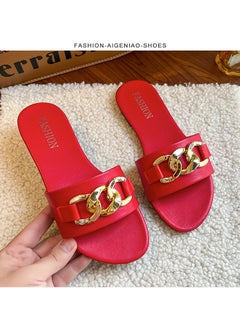 Womens Casual Summer 2023 Flat Foot Slippers With Metal Buckle One-Row Beach Sandals Nylon Lining Rubber Sole Adults Red