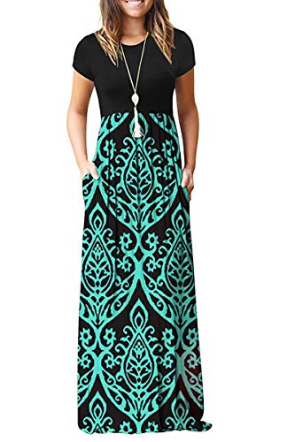 AUSELILY Women Short Sleeve Loose Plain Casual Long Maxi Dresses with Pockets (XL, Black Green) - Image 1