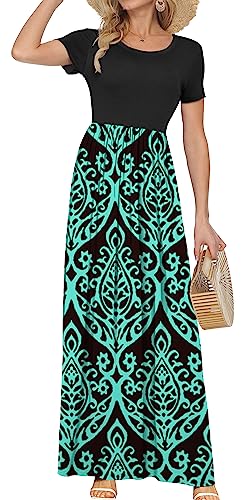 AUSELILY Women Short Sleeve Loose Plain Casual Long Maxi Dresses with Pockets (XL, Black Green) - Image 2