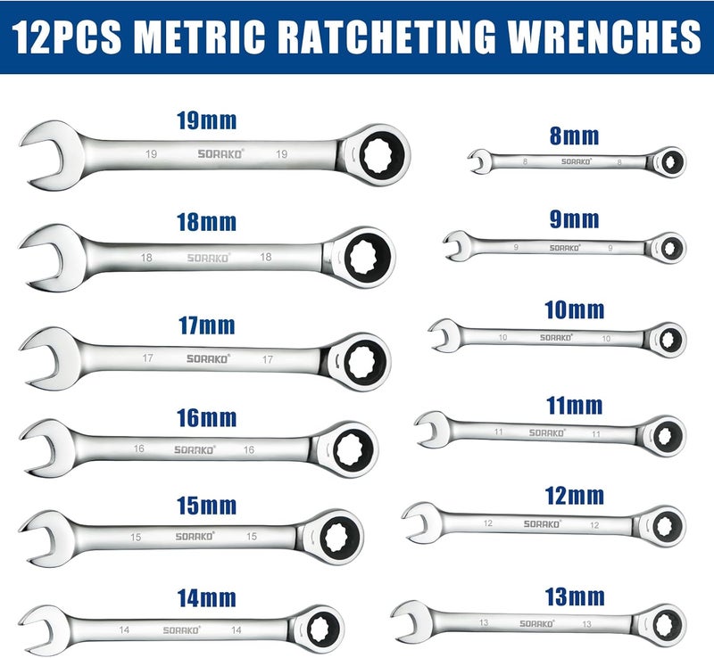 SORAKO Ratchet Spanner Set, 12PC Spanner Sets Combination Spanner Fixed Head Combination Wrench, 72 Tooth Ratchet Gear 8-19 mm, Standard Metric Set - Image 2
