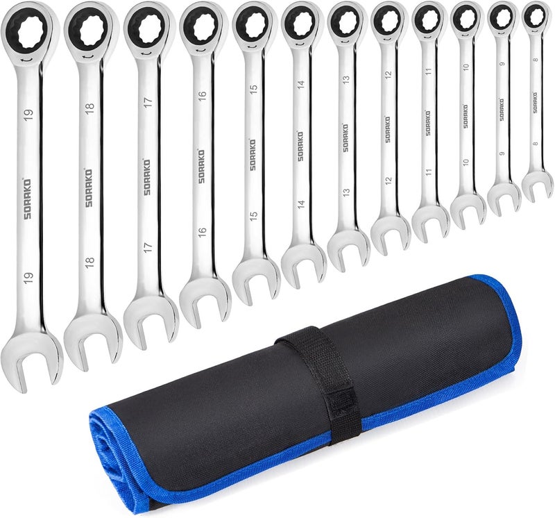 SORAKO Ratchet Spanner Set, 12PC Spanner Sets Combination Spanner Fixed Head Combination Wrench, 72 Tooth Ratchet Gear 8-19 mm, Standard Metric Set - Image 1