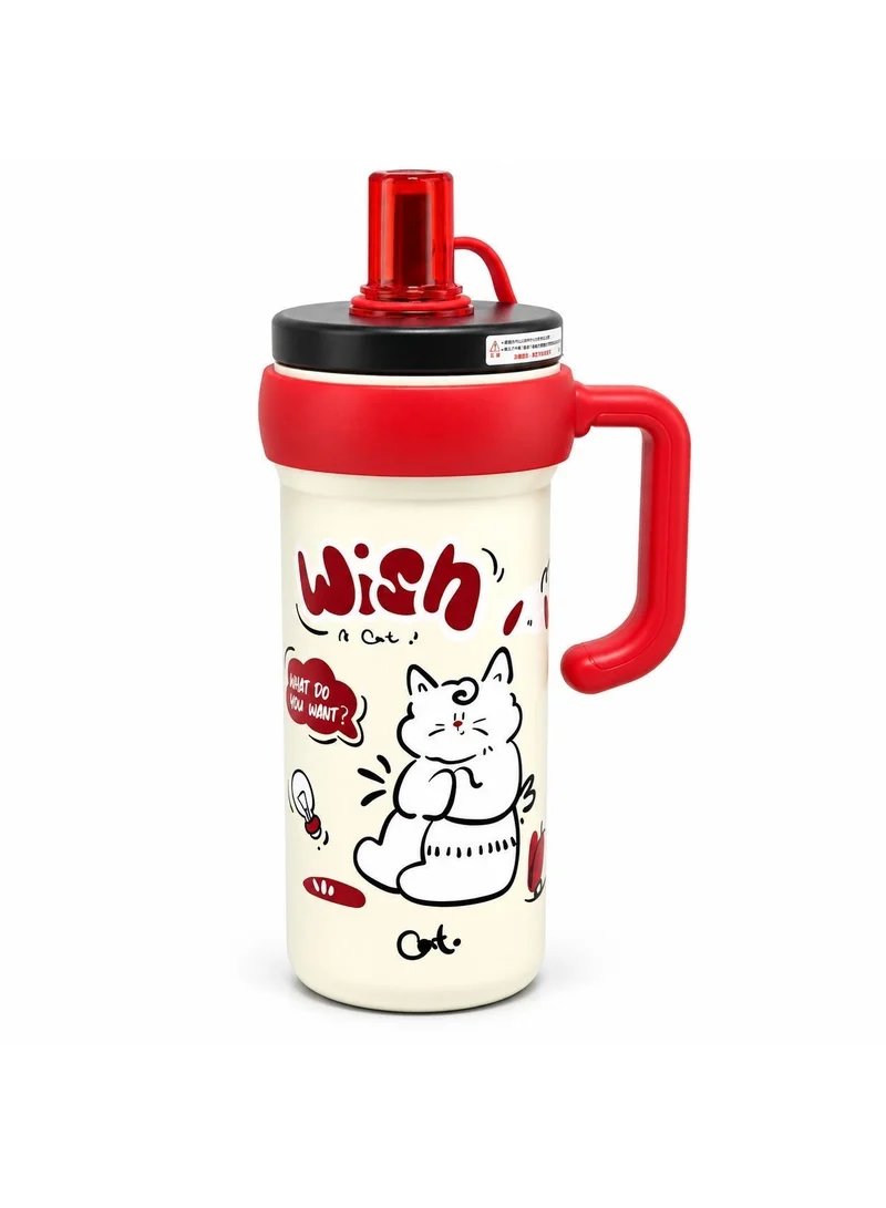 Tooly 600ml Double Wall Stainless Steel Vacuum Insulated Travel Flask Mug with Side Handle & Drinking Spout – Cute Cat Graphic, Hot (12h) & Cold (24h) Water Bottle, BPA Free (Cream & Red)