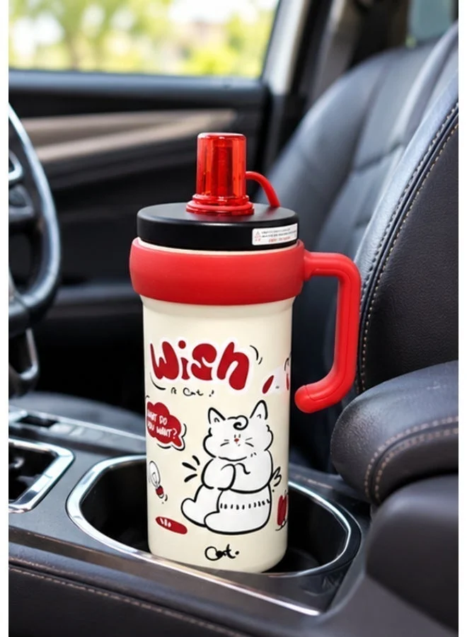 Tooly 600ml Double Wall Stainless Steel Vacuum Insulated Travel Flask Mug with Side Handle & Drinking Spout – Cute Cat Graphic, Hot (12h) & Cold (24h) Water Bottle, BPA Free (Cream & Red)
