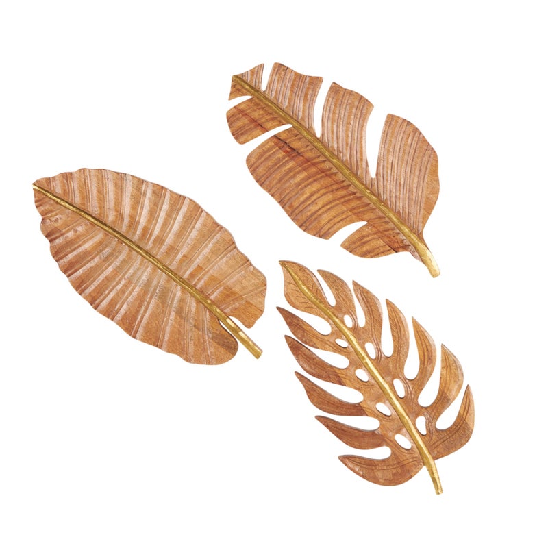 Deco 79 Mango Wood Leaf Handmade Home Wall Decor Carved Wall Sculpture Set of 3 Wall Art 24 W 12 H Brown