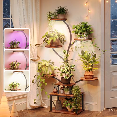 PRAISUN 51 Inch Plant Stand with Grow Lights, 8 Tiered Indoor Plant Shelf with Larger Flower Holder, Curved-tubed Design, 3 Light Modes, Corner Plant Rack for Living Room, Rustic Brown - Image 1