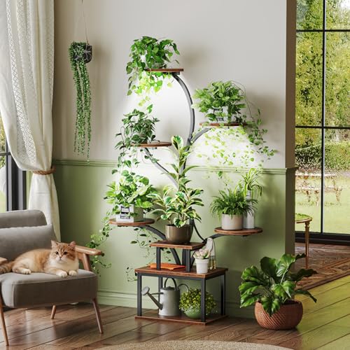 PRAISUN 51 Inch Plant Stand with Grow Lights, 8 Tiered Indoor Plant Shelf with Larger Flower Holder, Curved-tubed Design, 3 Light Modes, Corner Plant Rack for Living Room, Rustic Brown - Image 4