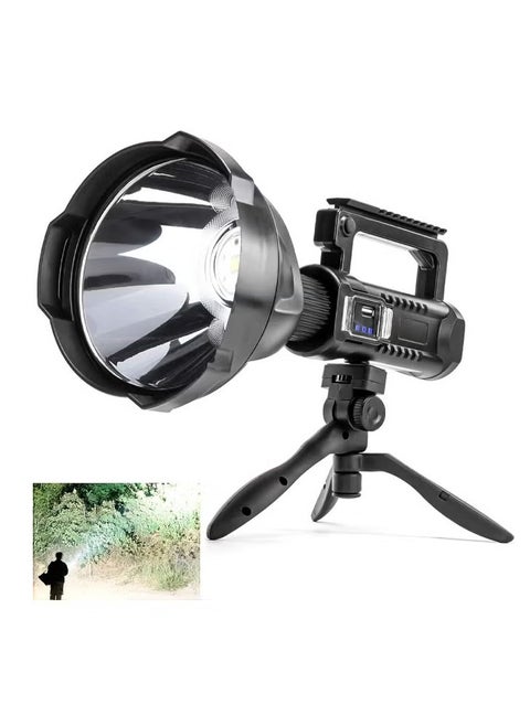Large Rechargeable LED Handheld Flashlight with Super Bright 90,000 Lumens, Tripod Stand, Waterproof USB Port, and 4 Lighting Modes.