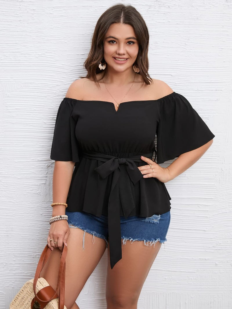 SCOMCHIC Women's Plus Size Off The Shoulder Peplum Blouse Top Half Bell Sleeve Tie Waist Ruffle Hem Babydoll Tops Black - Image 4
