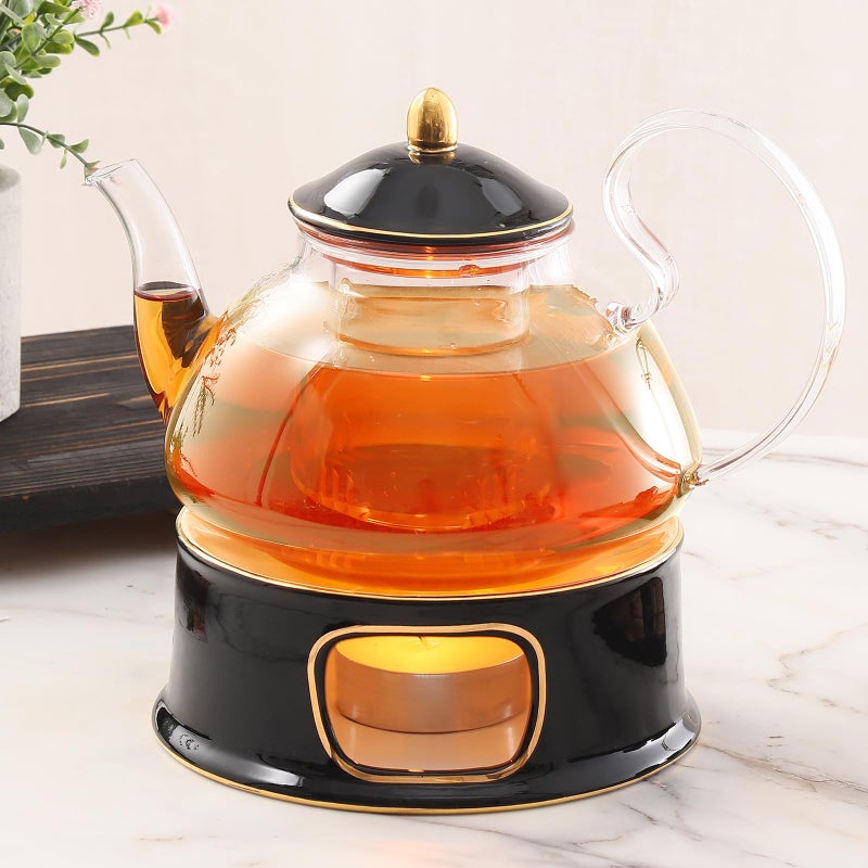 DUJUST Blooming Tea Pot Set Luxury British Design with Relief Decor  Gold Trims HandCrafted Clear Teapot with Warmer 40oz Glass Teapot with Infuser StoveSafe Tea Party Gift  Home  Black