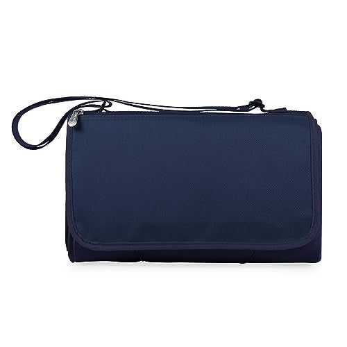 PICNIC TIME Outdoor Picnic Blanket Tote, 59"x51" Foldable Beach & Camping Blanket with Soft Fleece, Water-Resistant Bottom, Adjustable Strap & Zippered Pocket (Navy Blue with Blue Flap) - Image 2