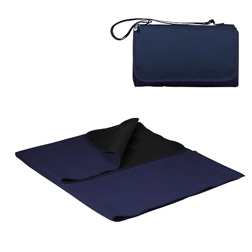 PICNIC TIME Outdoor Picnic Blanket Tote, 59"x51" Foldable Beach & Camping Blanket with Soft Fleece, Water-Resistant Bottom, Adjustable Strap & Zippered Pocket (Navy Blue with Blue Flap) - Image 1