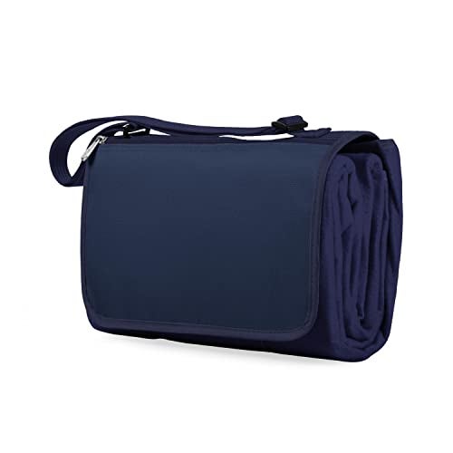PICNIC TIME Outdoor Picnic Blanket Tote, 59"x51" Foldable Beach & Camping Blanket with Soft Fleece, Water-Resistant Bottom, Adjustable Strap & Zippered Pocket (Navy Blue with Blue Flap) - Image 4