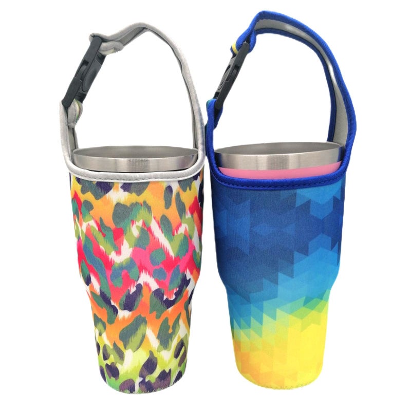 حقيبة حامل أكواب مزدوجة 2 قطعة لحمل أكواب السفر المعزولة من الفولاذ المقاوم للصدأ سعة 2030 أونصة مناسبة ليتى أوزارك ستانلي تريل بيست رتيك غلاف نيونبرين مع مقبض حمل قابلة لإعادة الاستخدام