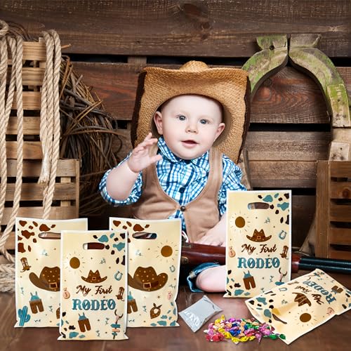 K1tpde 50PCS Cowboy Party Favor Bags for Kids Western Theme Candy Bag Bulk with Handles Blue Cowboy 1st Plastic Gift Oranizer for Boys My First Redeo Western Baby Shower Party Supplies - Image 4