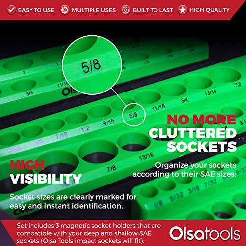 Olsa Tools Magnetic Socket Organizer | 3 Piece Socket Holder Kit | 1/2-Inch, 3/8-Inch, & 1/4-Inch Drive | SAE Green | Holds 68 Sockets | Professional Quality Tools Organizer - Image 2