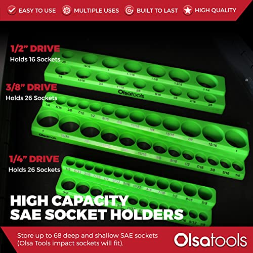Olsa Tools Magnetic Socket Organizer | 3 Piece Socket Holder Kit | 1/2-Inch, 3/8-Inch, & 1/4-Inch Drive | SAE Green | Holds 68 Sockets | Professional Quality Tools Organizer - Image 3