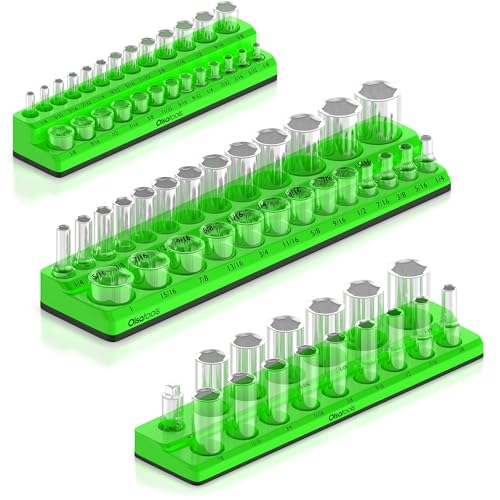 Olsa Tools Magnetic Socket Organizer | 3 Piece Socket Holder Kit | 1/2-Inch, 3/8-Inch, & 1/4-Inch Drive | SAE Green | Holds 68 Sockets | Professional Quality Tools Organizer - Image 1