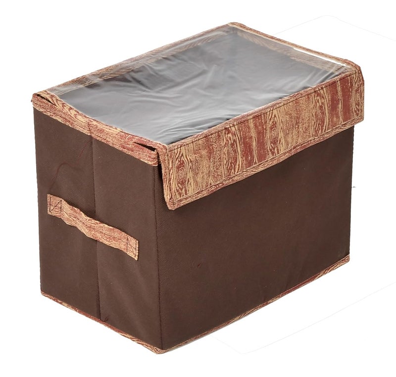 Kuber Industries Kuber Industries Wooden Design Foldable Small NonWoven Storage BoxTranasparent LidDurable HandlesSize 35 x 18 x 22 CM Brown44KM0430 Rectangular  - Image 2