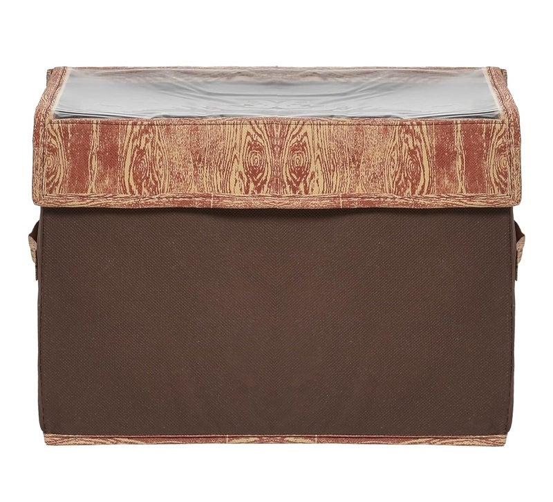 Kuber Industries Kuber Industries Wooden Design Foldable Small NonWoven Storage BoxTranasparent LidDurable HandlesSize 35 x 18 x 22 CM Brown44KM0430 Rectangular  - Image 3
