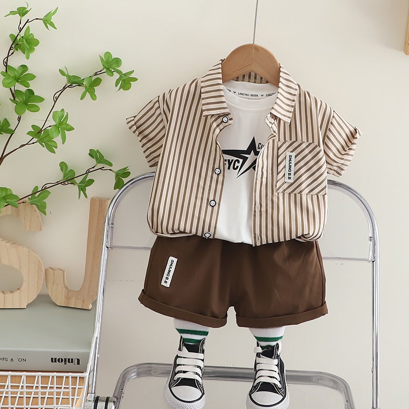 New summer boys round neck bottom shirt vertical shirt short sleeve casual cotton pants three-piece set manufacturers wholesale dark khaki