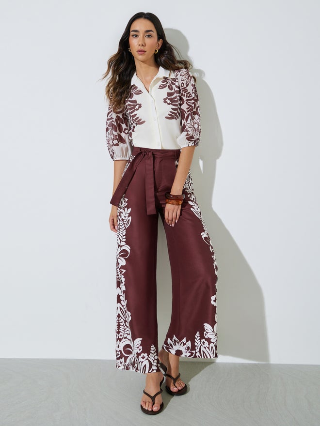 Styli Burgundy Border Floral Print Wide Leg Pants - Image 1
