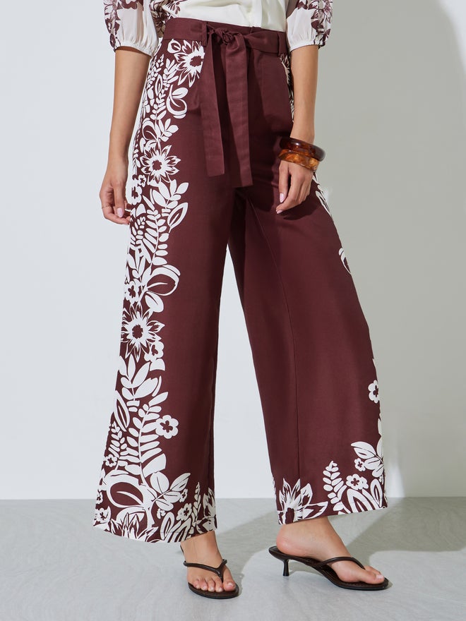 Styli Burgundy Border Floral Print Wide Leg Pants - Image 2