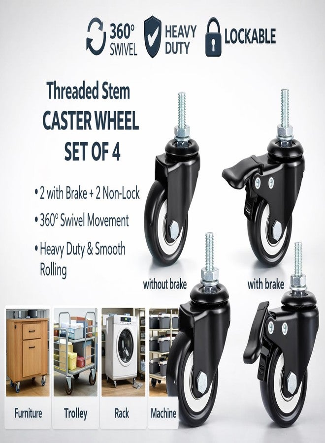 SPYLOCK Heavy Duty Castor Wheels Furniture | Set of 4 Heavy Duty Caster Wheels with Brake & Without Brake | M10 Threaded Stem Swivel Castor Wheels | 360° Rotation | Trolley, - Image 2
