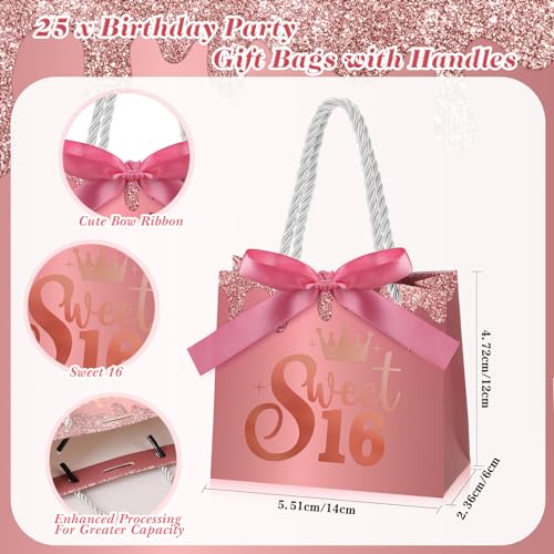 Spakon 25 Pcs Sweet 16 Party Favors for Guests 16 Years Birthday Party Gift Bags with Handles and Ribbons Sweet 16 Candy Bags Paper Gifts Bag for Birthday Decorations - Image 3