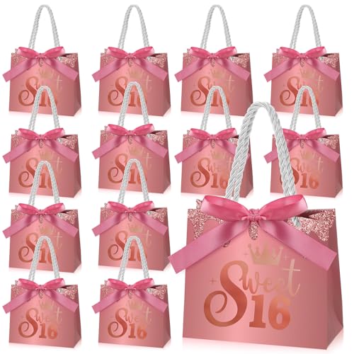 Spakon 25 Pcs Sweet 16 Party Favors for Guests 16 Years Birthday Party Gift Bags with Handles and Ribbons Sweet 16 Candy Bags Paper Gifts Bag for Birthday Decorations - Image 1