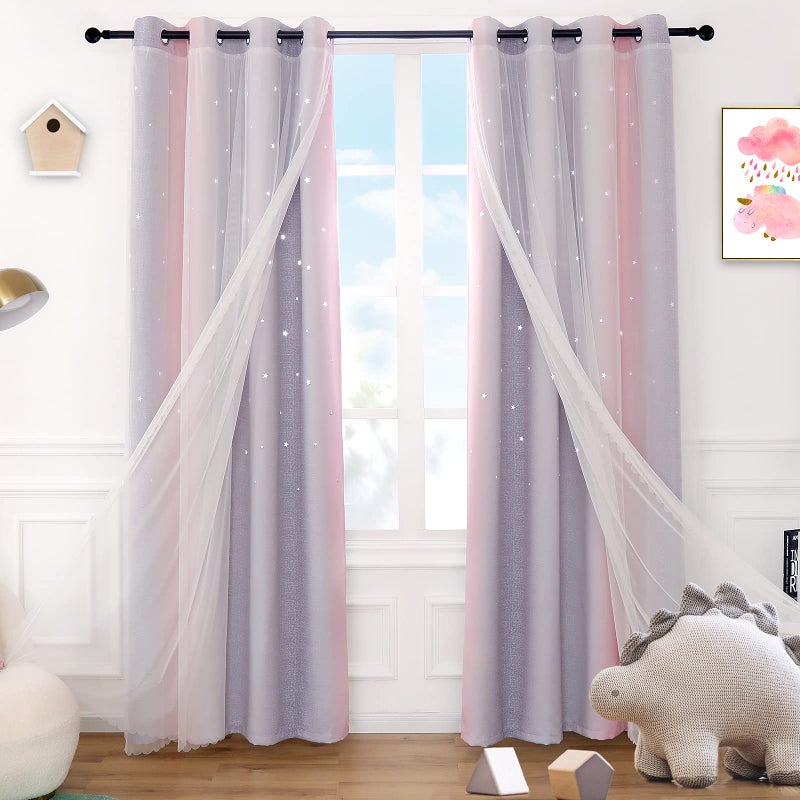 Anjee Pink Curtains for Girls Double Layer 2 in 1 Star Cutout Design Light Blocking Grommets Top Ombre Drape with Voile Sheer for Kids Bedroom Living Room 2 Panels in 52 x 63 inch Pink and Grey