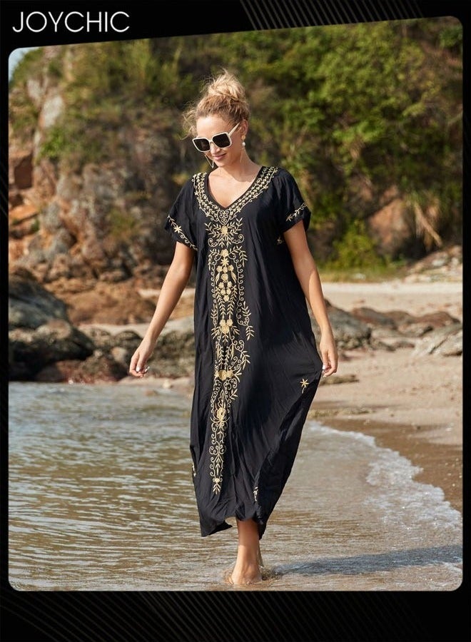 Joychic Women Summer Ethnic Print Short Sleeved Loose Skin-friendly Breathable V Neck Beach Cover Up - Image 2