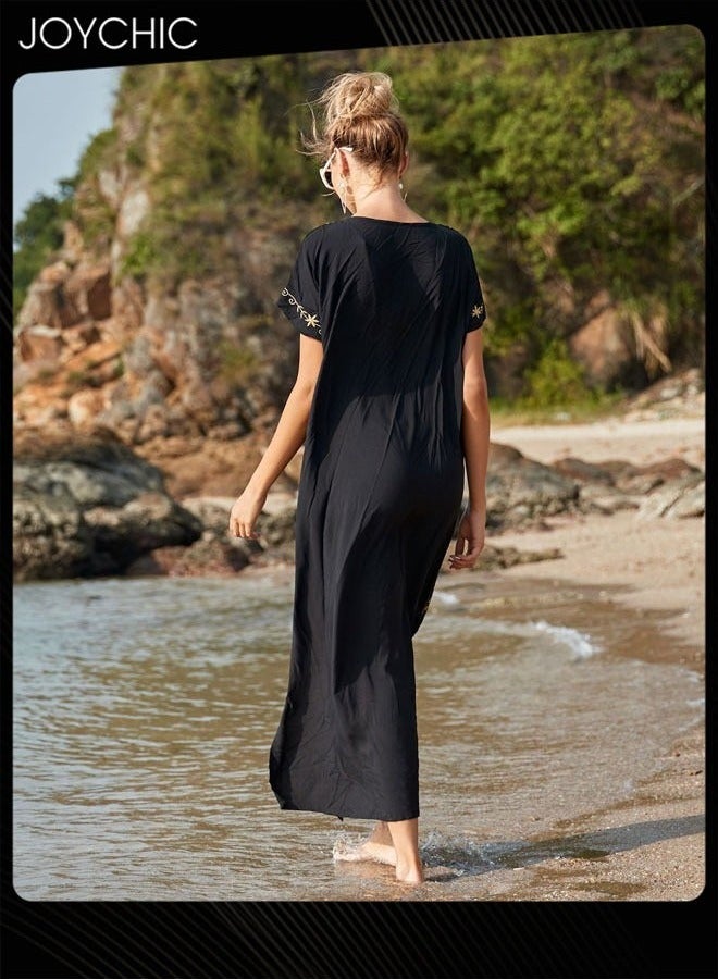 Joychic Women Summer Ethnic Print Short Sleeved Loose Skin-friendly Breathable V Neck Beach Cover Up - Image 3