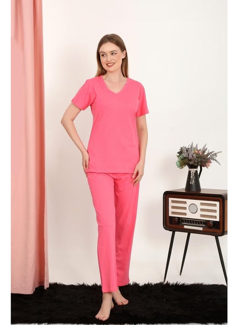 Akbeniz Women's Short Sleeve Cotton Combed Pajama Set Fuchsia 4213 - Image 3