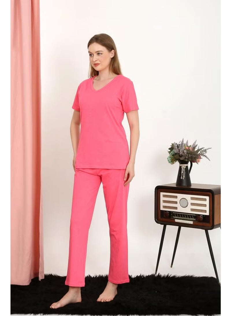 Akbeniz Women's Short Sleeve Cotton Combed Pajama Set Fuchsia 4213 - Image 2