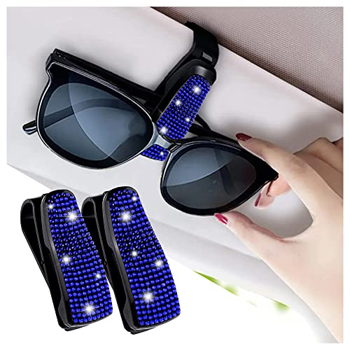 Turcee Set of 2 Bling Rhinestone Car Sun Visor Glasses Holders with AntiScratch SpongeCar Decoration for Women GirlsTicket Card Clip Visor OrganizerUniversal Rhinestone Car Accessories Jewel Blue - Image 1