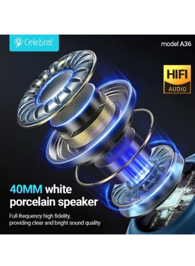 سليبرات تقنية سماعة رأس استريو قابلة للطي موديل A36، تشغيل بطاقة TF، شاحن من النوع C، منفذ واجهة صوت 3.5 ملم واتصال لاسلكي يمنحك المزيد من المتعة - ميكروفون عالي الدقة مدمج - Image 4