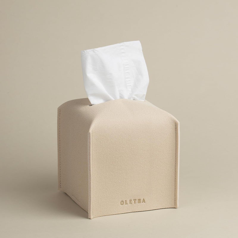 OLETHA Square Tissue Box Cover - Aesthetic Modern Farmhouse Decor for Room, Home & Office - Tissues Cube Boxes Holder - Canvas Grain, Greige - Image 1