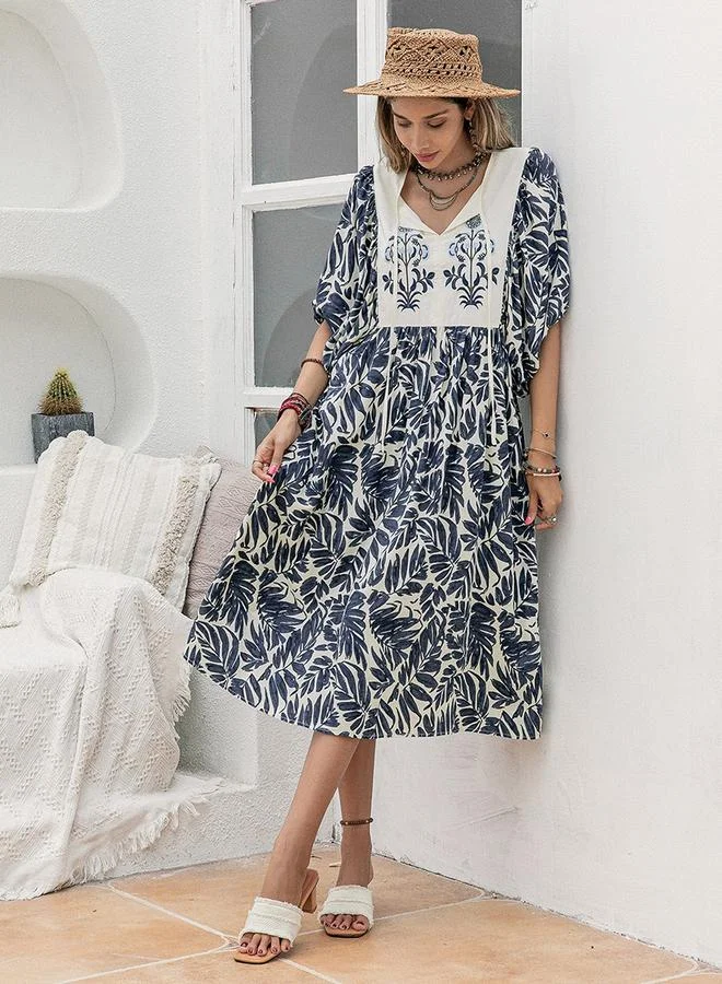 تايك تو Women's Floral Printed Puff Sleeve Patchwork Detail Midi Dress