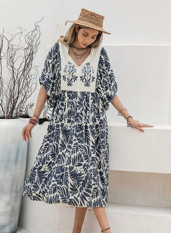 تايك تو Women's Floral Printed Puff Sleeve Patchwork Detail Midi Dress