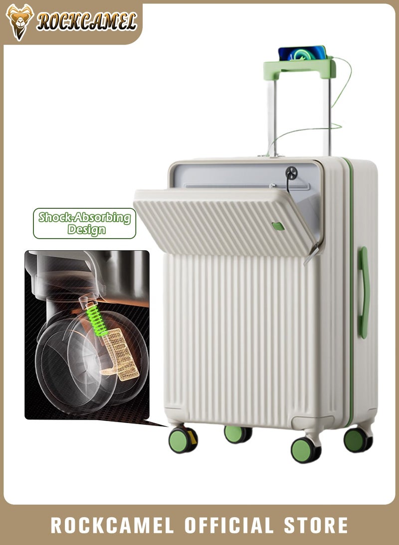 ROCKCAMEL 20-Inch Boarding Carry-On Luggage With Shock-Absorbing Wheel, Front Open Trolley Suitcase With Laptop Compartment, Hard Shell Travel Luggage With Cup Holder USB Port And Phone Holder,  Unisex Lightweight Travel Bag(White, 20-Inch) - Image 1